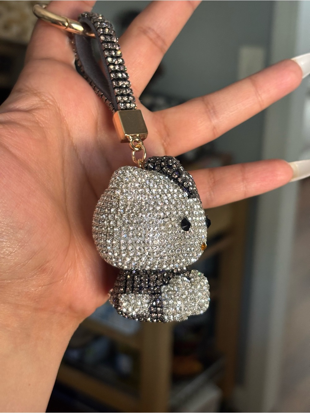 Hello Kitty Crystal Keychain - Silver & Black with Gold Accents - Picture 2 of 4